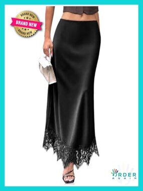 Satin Maxi Skirt High Waisted A-Line Lace Hem Flowy
